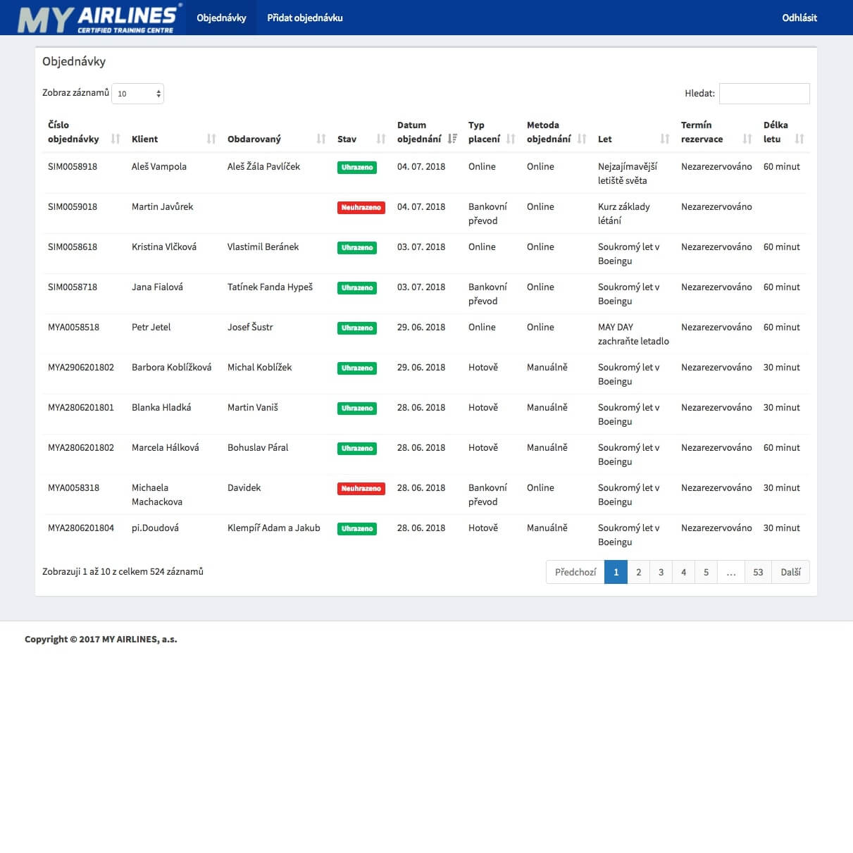 Systém pro správu objednávek leteckého simulátoru My Airlines